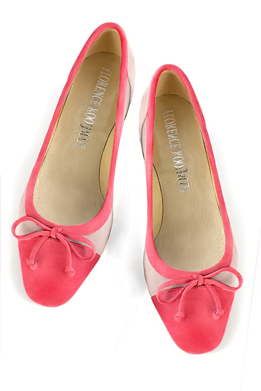 Carnation pink women's ballet pumps, with low heels. Square toe. Flat flare heels. Top view - Florence KOOIJMAN